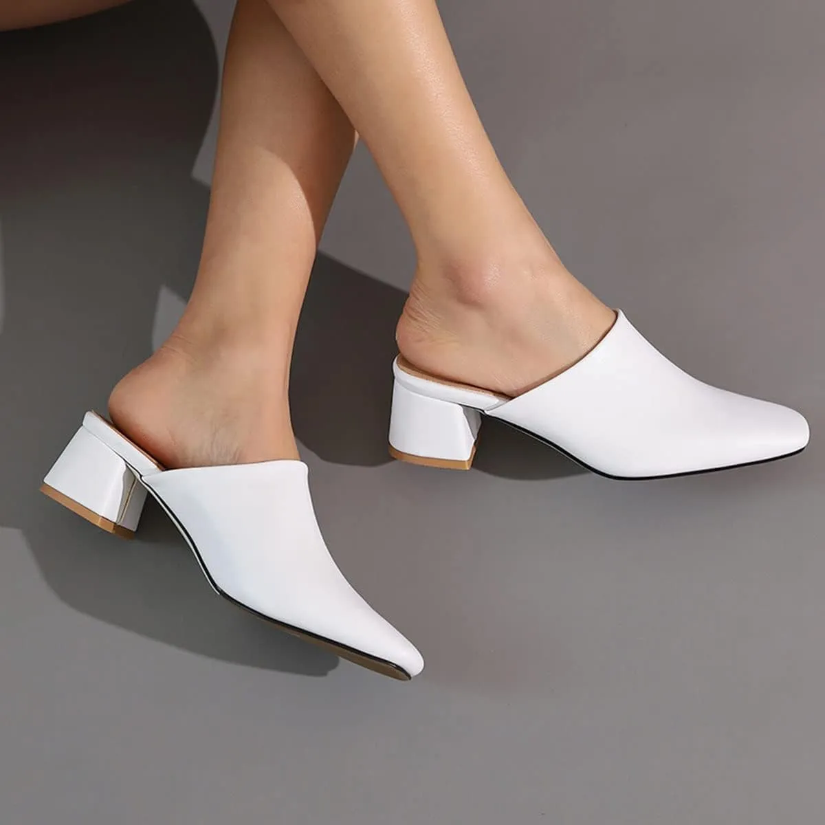 SHEMEE Women's Closed Square Toe Chunky Heel Slides Mule Pumps Slip On Mid Block Heels Slippers Sandals Backless Slingback Shoes