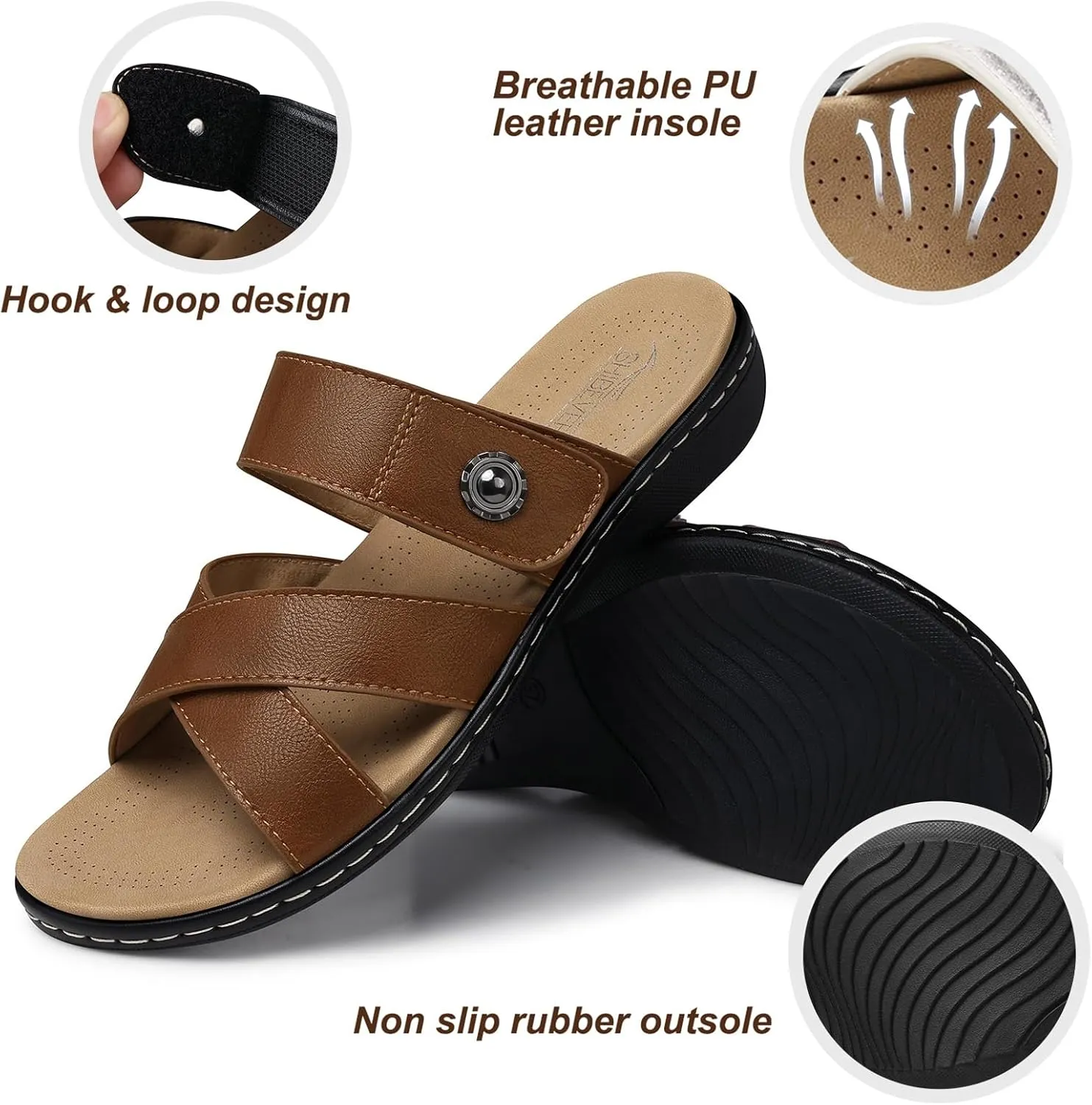 SHIBEVER Women Slides Summer Sandals: Arch Support, Comfort Walking, Adjustable Strap, Open Toe Flat Sandals Size 5-11