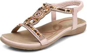 SHIBEVER Womens Flat Sandals Elastic Ankle Strap Sandals Dressy Casual Summer