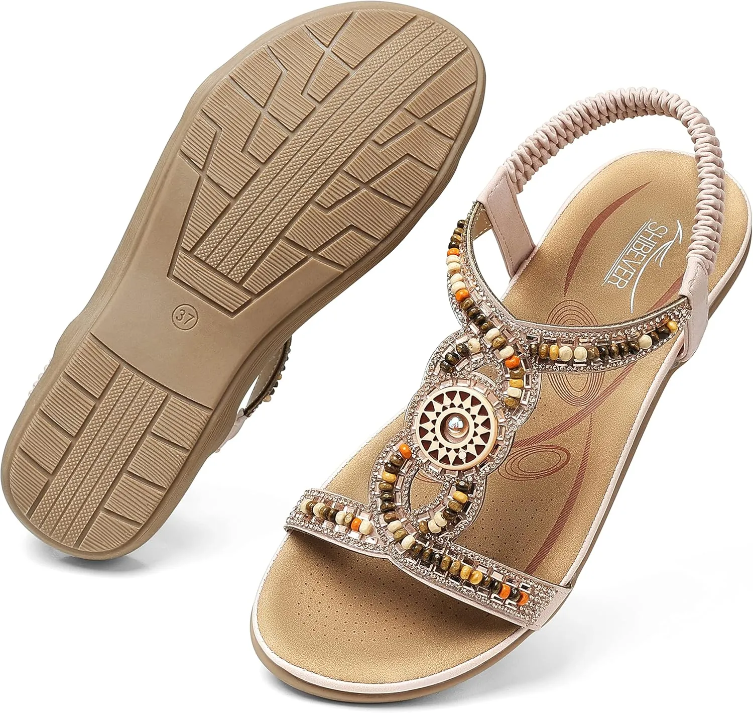 SHIBEVER Womens Flat Sandals Elastic Ankle Strap Sandals Dressy Casual Summer