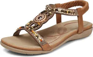 SHIBEVER Womens Flat Sandals Elastic Ankle Strap Sandals Dressy Casual Summer