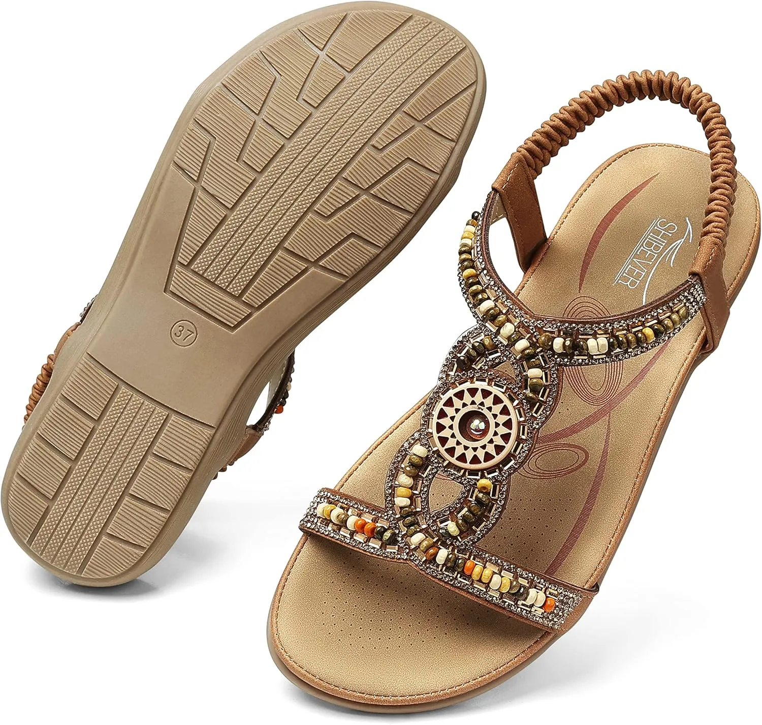SHIBEVER Womens Flat Sandals Elastic Ankle Strap Sandals Dressy Casual Summer