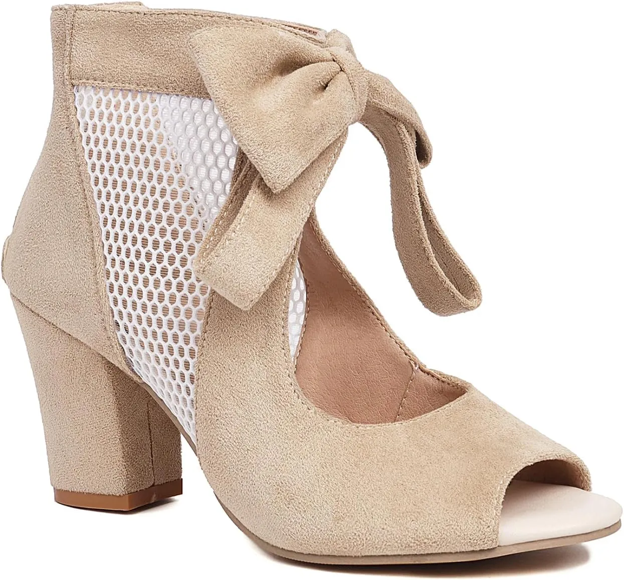 SHODENSE Women Chunky Heel Sandals Booties Bow Cut Out Open Toe Ankle Booties Suede Back Zipper 3 inch Block High Heel Dress Sandals Mesh Bow Summer Booties Heels Casual Chic 5-10 M US