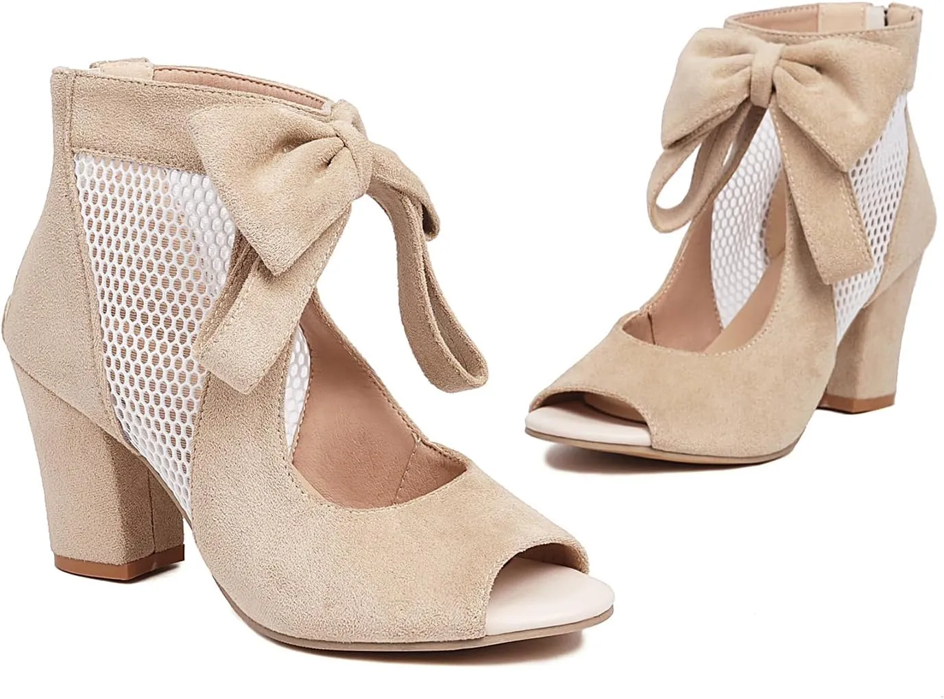 SHODENSE Women Chunky Heel Sandals Booties Bow Cut Out Open Toe Ankle Booties Suede Back Zipper 3 inch Block High Heel Dress Sandals Mesh Bow Summer Booties Heels Casual Chic 5-10 M US