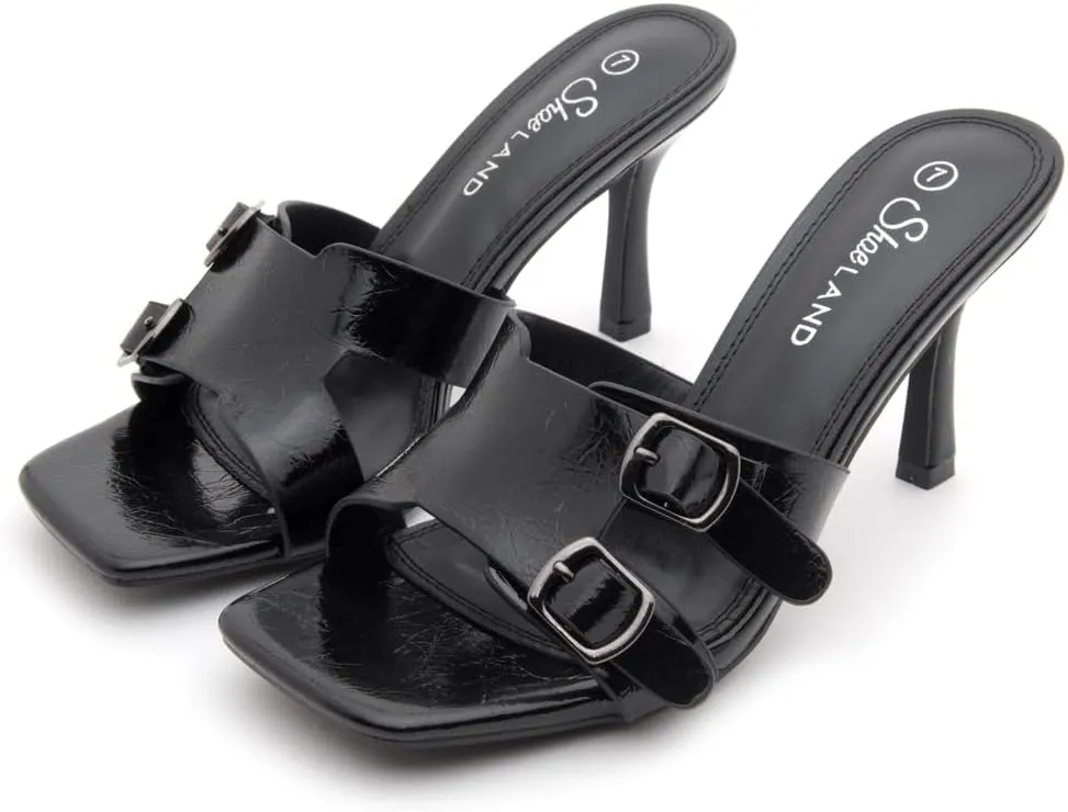 Shoe Land Melrose Women's High Heels Stiletto Heeled Slides, Square Open Toe One Band Slip-On Heeled Mules – Dressy Clear Heeled Sandals for Prom Party Wedding and Vacation