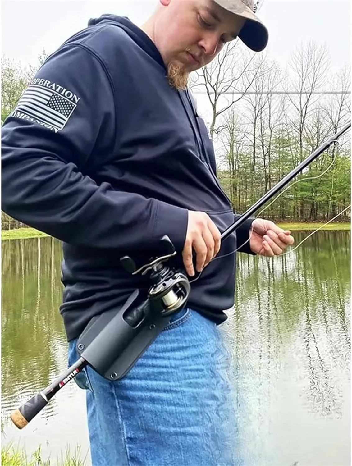 Slide-in Fishing Rod Hip Holster,Adjustable Hands-Free Quick Draw Waist Belt Holder for Wading, Surf, Fly & Bank Fishing - Durable Weatherproof Nylon with Stash Pocket