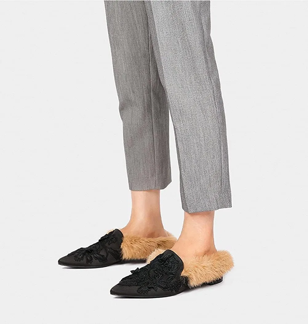 Slip On Loafers, Womens Embroidery Mule Shoes with Plush Lamb Fur Velvet Backless Pointed Toe Mule Slide