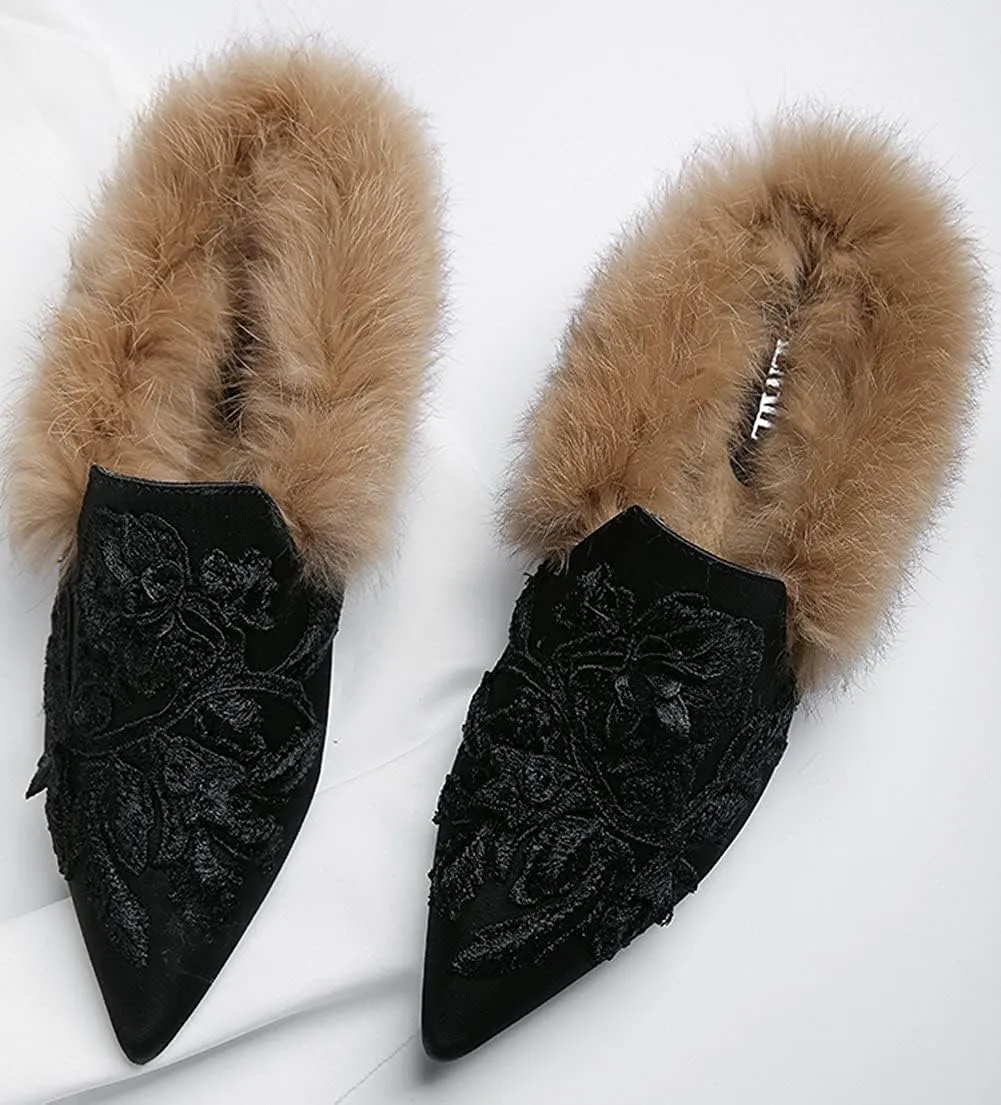 Slip On Loafers, Womens Embroidery Mule Shoes with Plush Lamb Fur Velvet Backless Pointed Toe Mule Slide