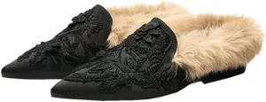 Slip On Loafers, Womens Embroidery Mule Shoes with Plush Lamb Fur Velvet Backless Pointed Toe Mule Slide