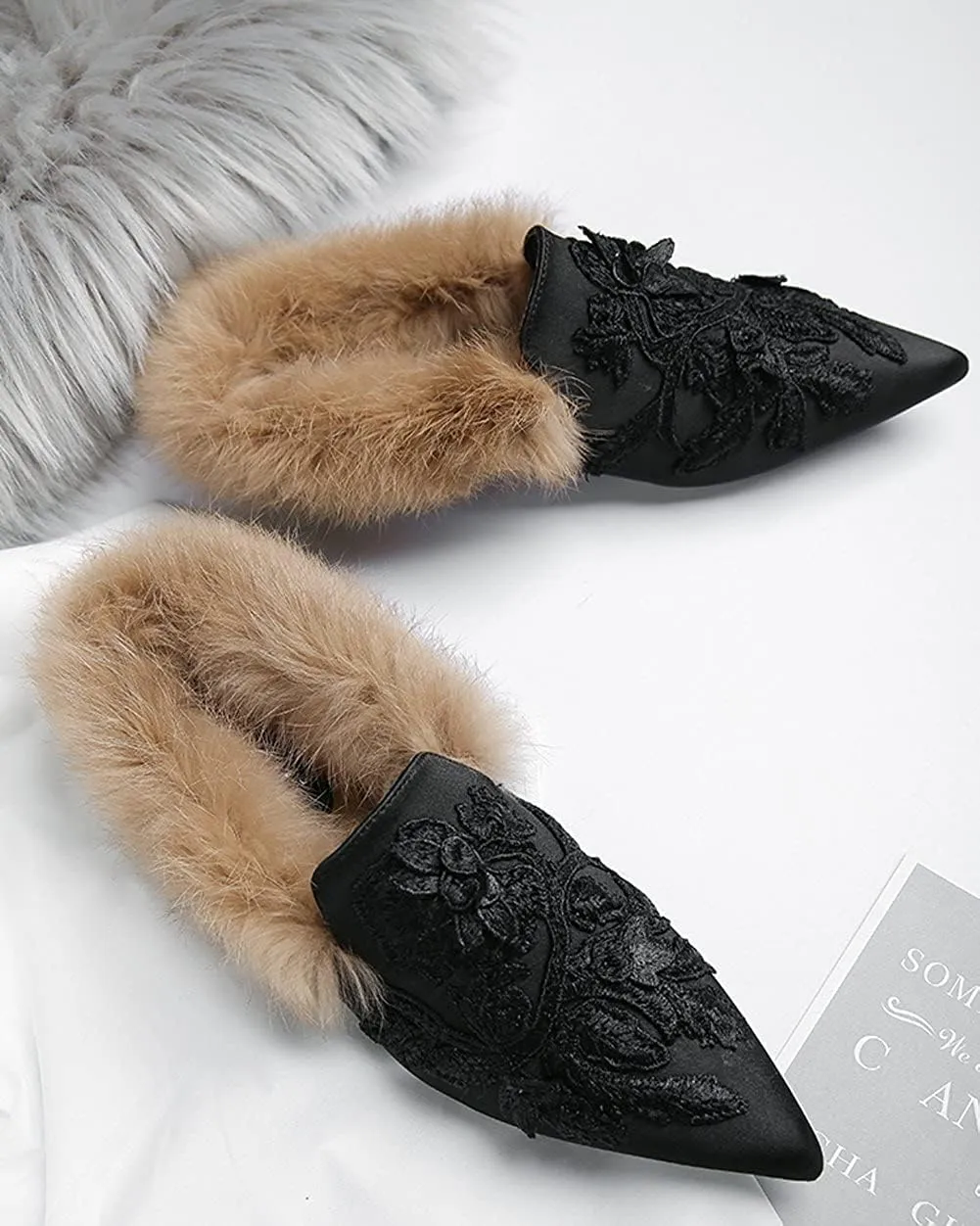 Slip On Loafers, Womens Embroidery Mule Shoes with Plush Lamb Fur Velvet Backless Pointed Toe Mule Slide