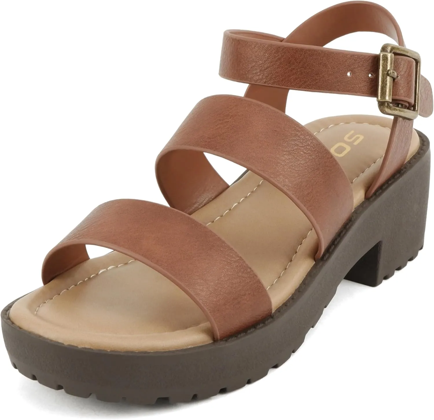 Soda ACCOUNT-2 ~ Little Kids/Children/Girls Open Toe Two Bands Lug sole Fashion Block Heel Sandals with Adjustable Ankle Strap