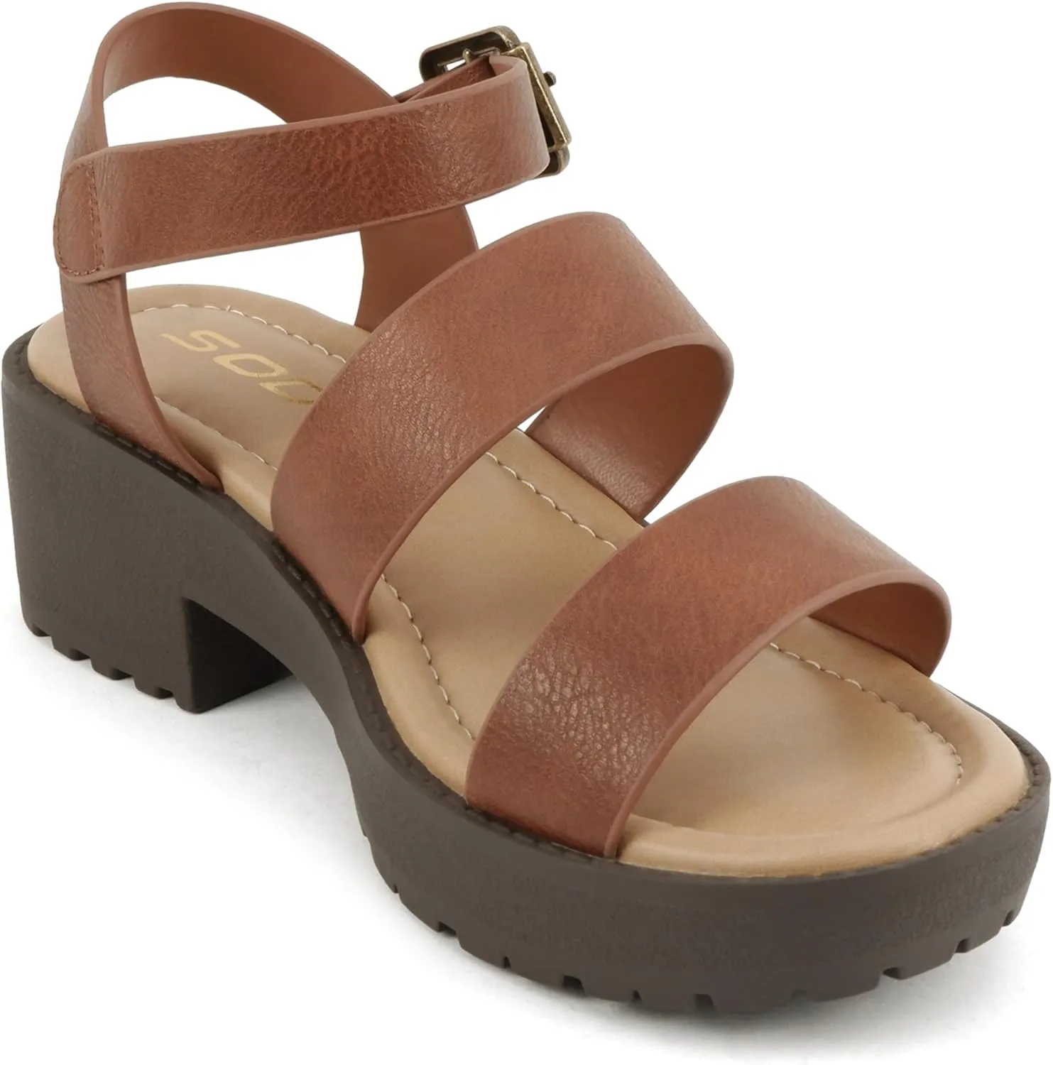 Soda ACCOUNT-2 ~ Little Kids/Children/Girls Open Toe Two Bands Lug sole Fashion Block Heel Sandals with Adjustable Ankle Strap