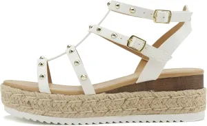 Soda SOMEHOW ~ Women Open Toe Espadrille Wrap Flatform with Round Stud Fisherman Upper Adjustable Buckles Fashion Wedge Sandals