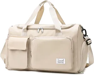 Sports Gym Bag with Shoes Compartment Travel Duffel Bag with Dry Wet Separated Pocket for Men and Women, Overnight Bag Weekender Bag Training Handbag Yoga Bag - Off White