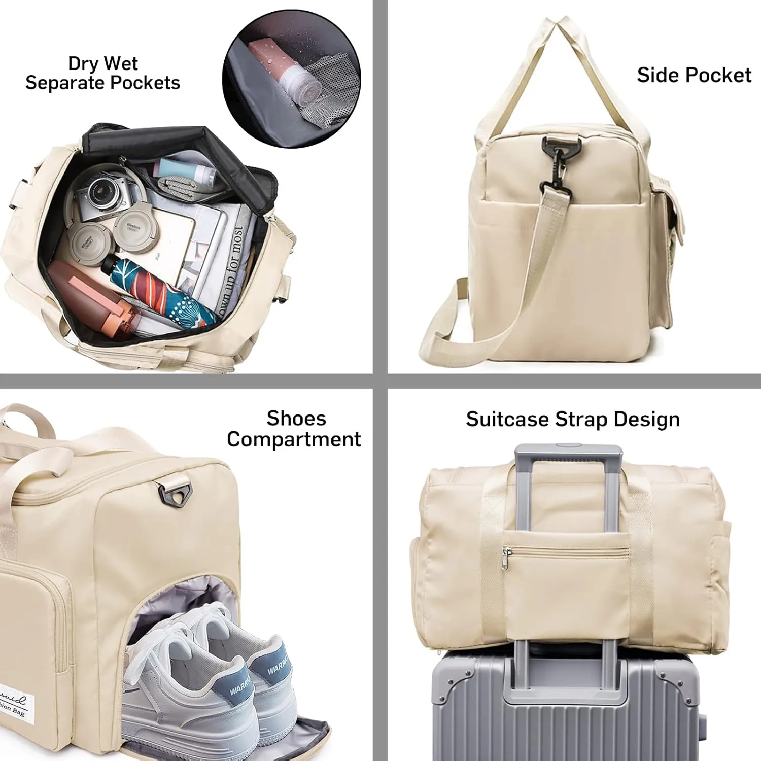 Sports Gym Bag with Shoes Compartment Travel Duffel Bag with Dry Wet Separated Pocket for Men and Women, Overnight Bag Weekender Bag Training Handbag Yoga Bag - Off White