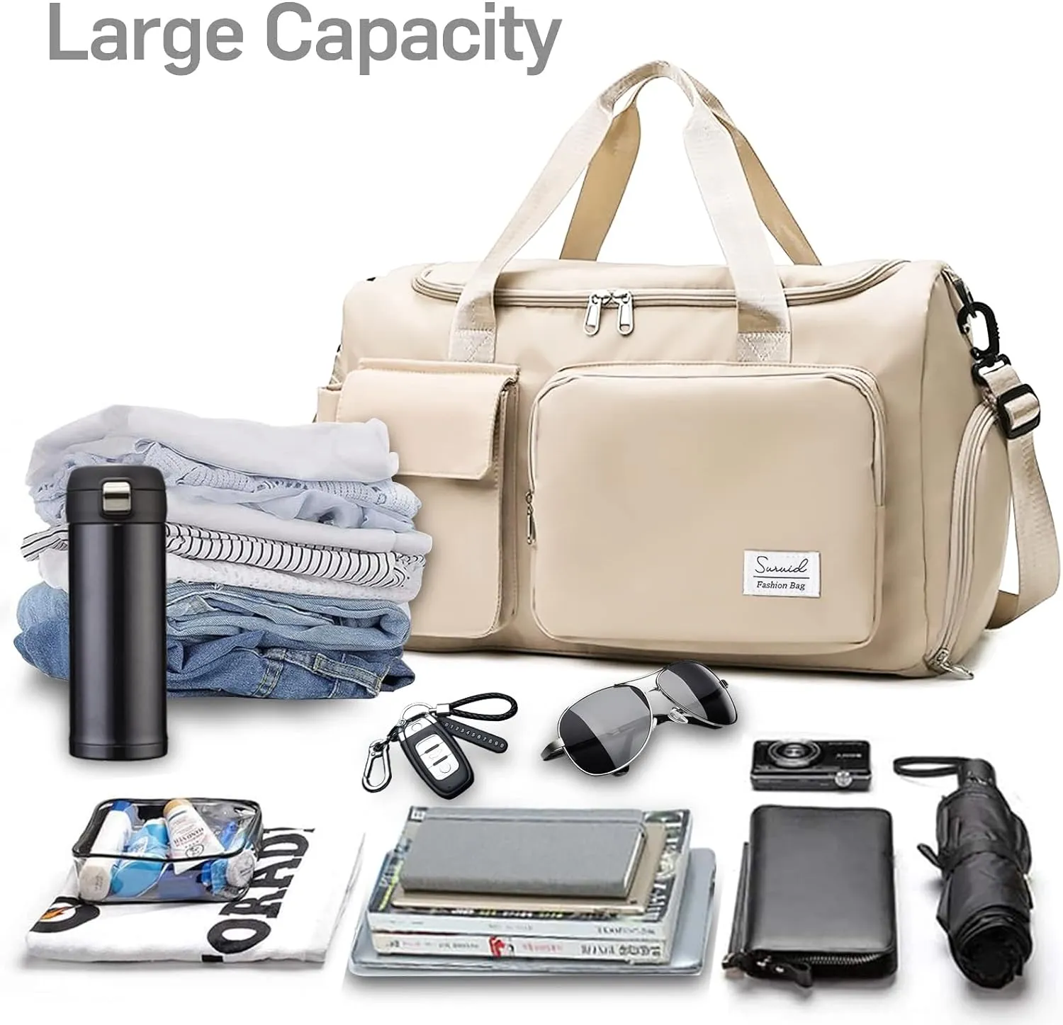 Sports Gym Bag with Shoes Compartment Travel Duffel Bag with Dry Wet Separated Pocket for Men and Women, Overnight Bag Weekender Bag Training Handbag Yoga Bag - Off White