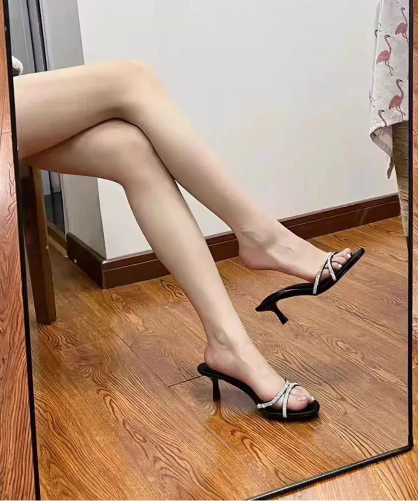 Stylish Pink Zircon Splicing Stiletto Slide Sandals Peep Toe