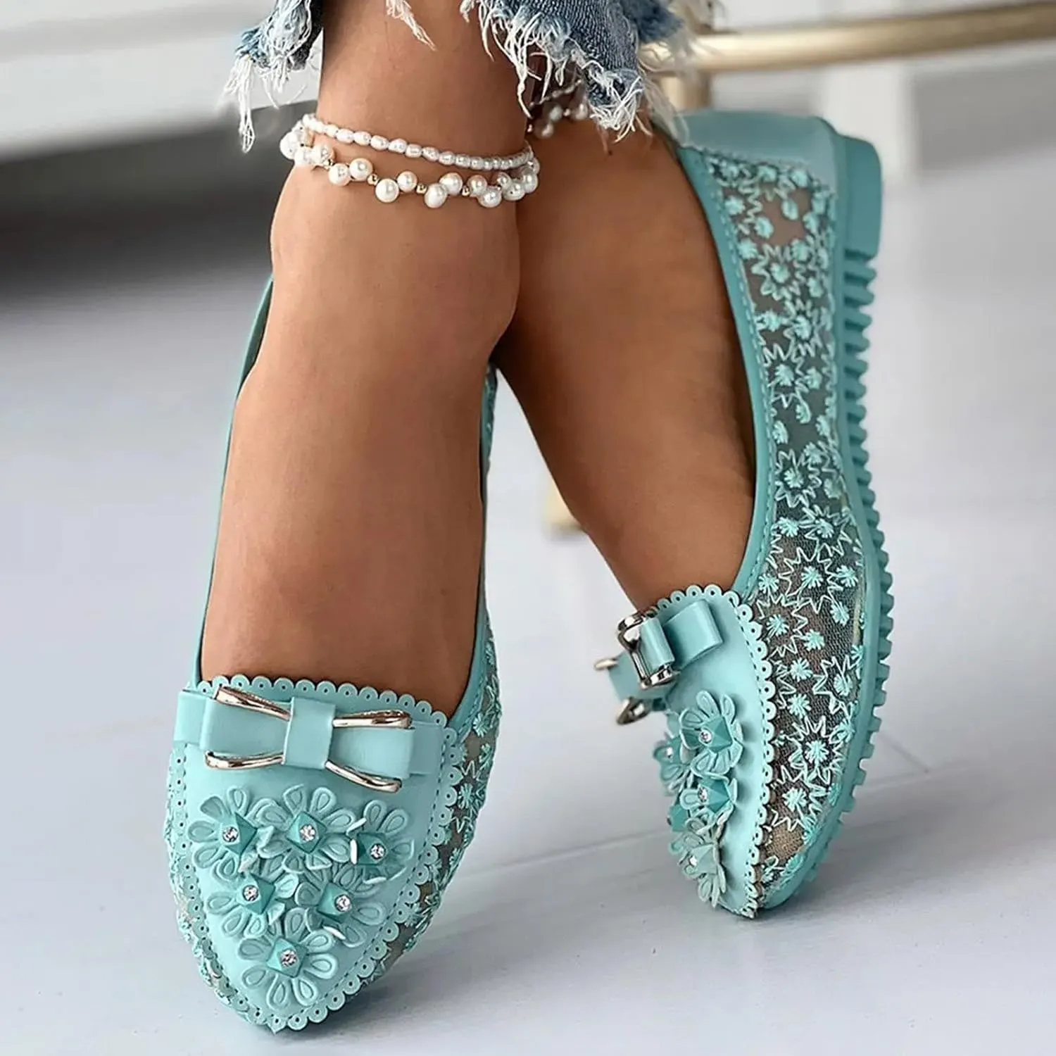 Summer Sandals for Women Women's Embroidery Lace Leather Flats Breathable Soft Sole Loafers Casual Ballet Shoes