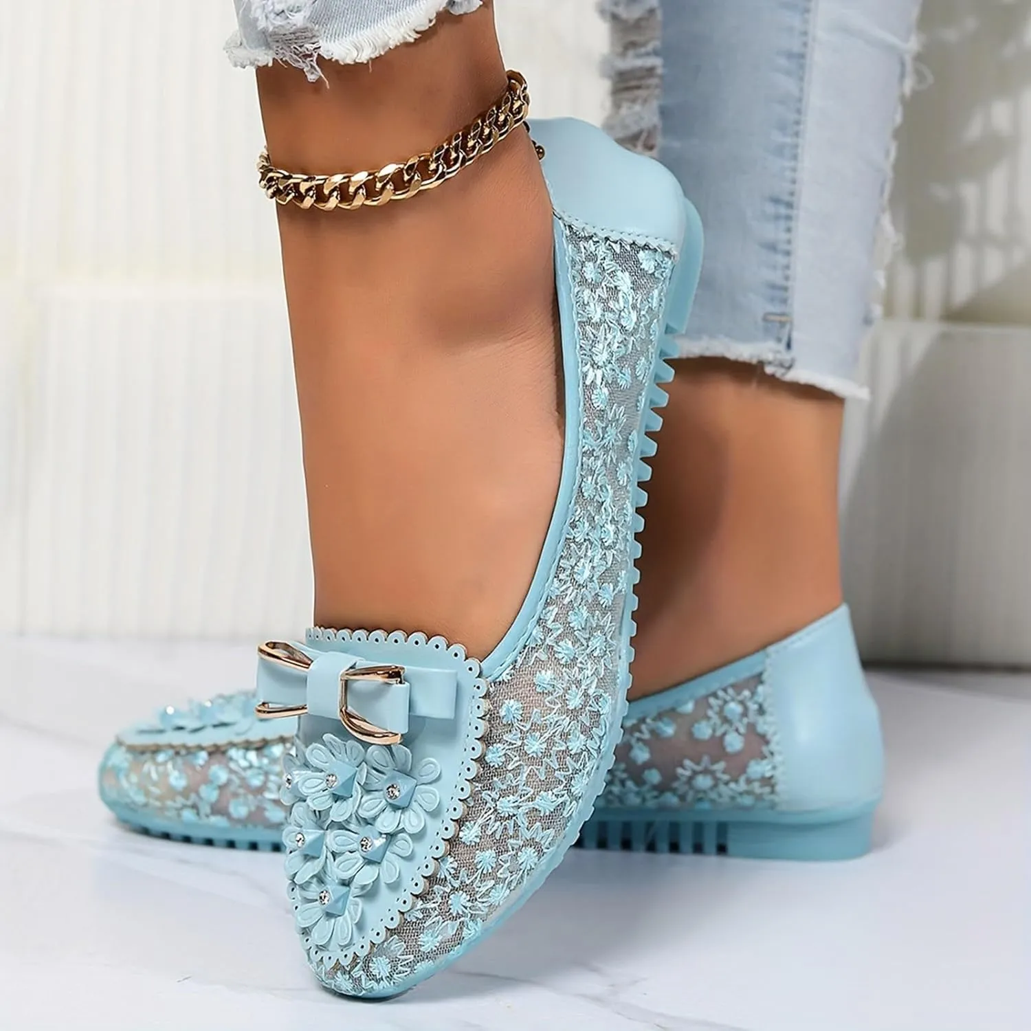 Summer Sandals for Women Women's Embroidery Lace Leather Flats Breathable Soft Sole Loafers Casual Ballet Shoes