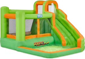 Sunny & Fun Compact Bounce-A-Round Inflatable Water Slide Park – Heavy-Duty for Outdoor Fun - Climbing Wall, Slide & Splash Pool – Easy to Set Up & Inflate with Included Air Pump & Carrying Case