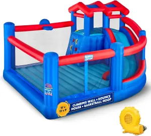 Sunny & Fun Inflatable Hoop N’ Slide Park – Heavy-Duty for Outdoor Fun - Climbing Wall, Slide, Bounce House, Basketball Hoop – Easy to Set Up & Inflate with Included Air Pump & Carrying Case
