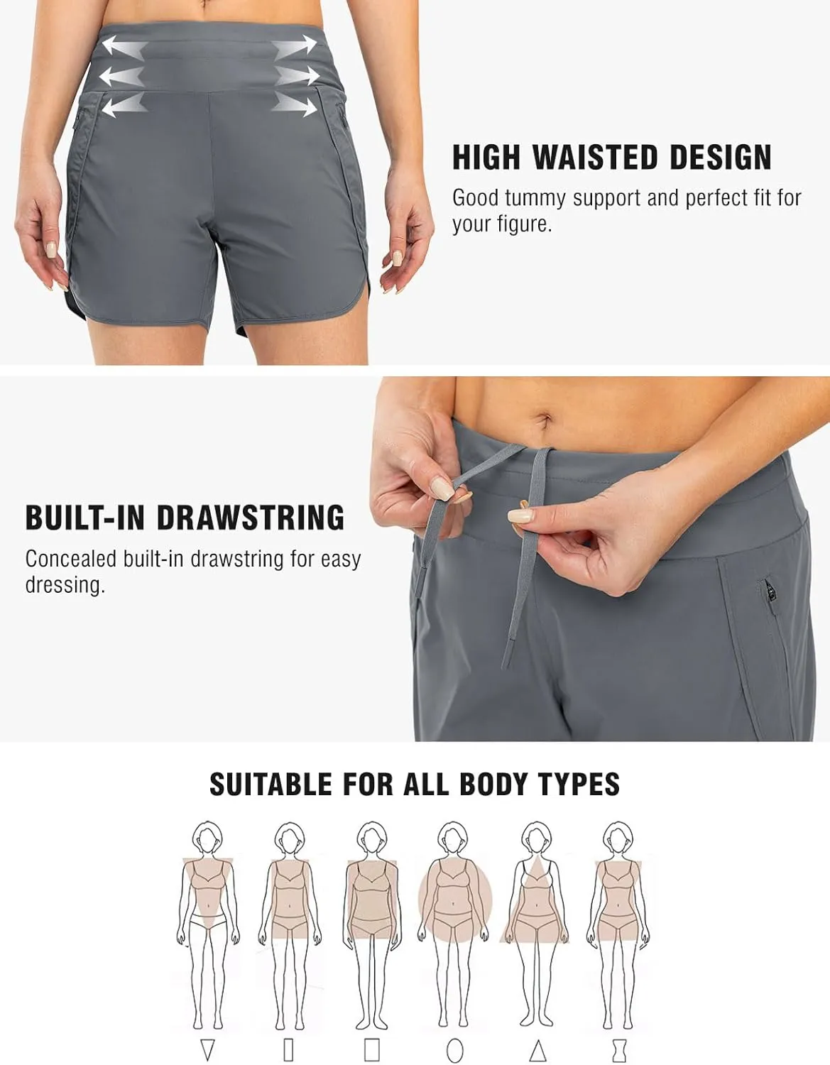 TBMPOY Women's Swim Board Shorts with Zipper Pockets 5'' High Waisted Bathing Suit Swimwear Quick Dry Beach Short