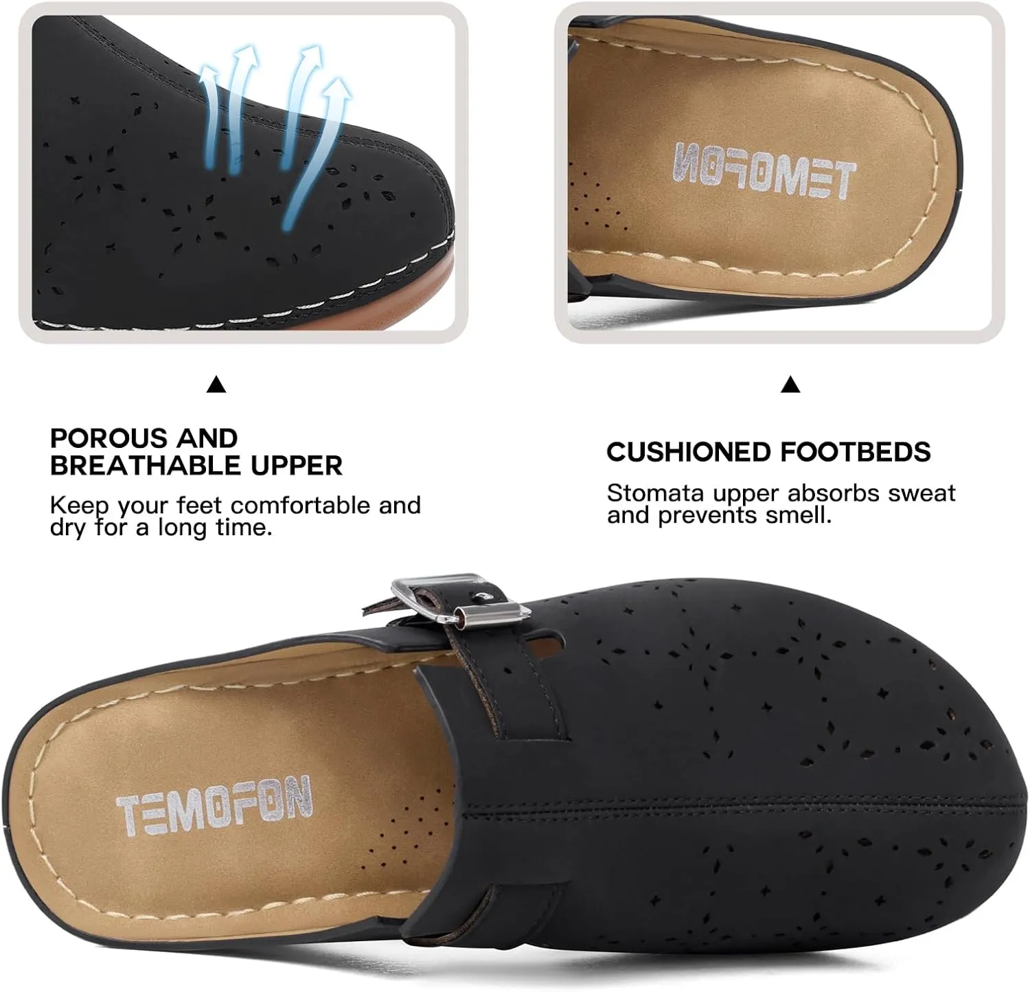 TEMOFON Mules for Women Slip on Sandals: Comfortable Clogs with Arch Support Leather Flats Closed Toe Sandals Shoes
