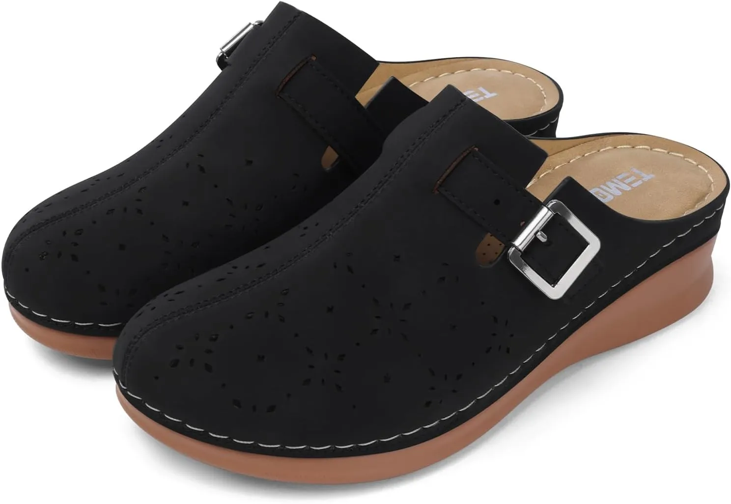 TEMOFON Mules for Women Slip on Sandals: Comfortable Clogs with Arch Support Leather Flats Closed Toe Sandals Shoes