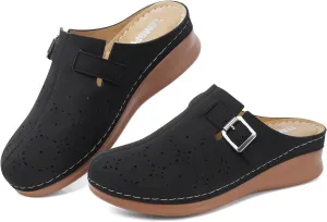 TEMOFON Mules for Women Slip on Sandals: Comfortable Clogs with Arch Support Leather Flats Closed Toe Sandals Shoes