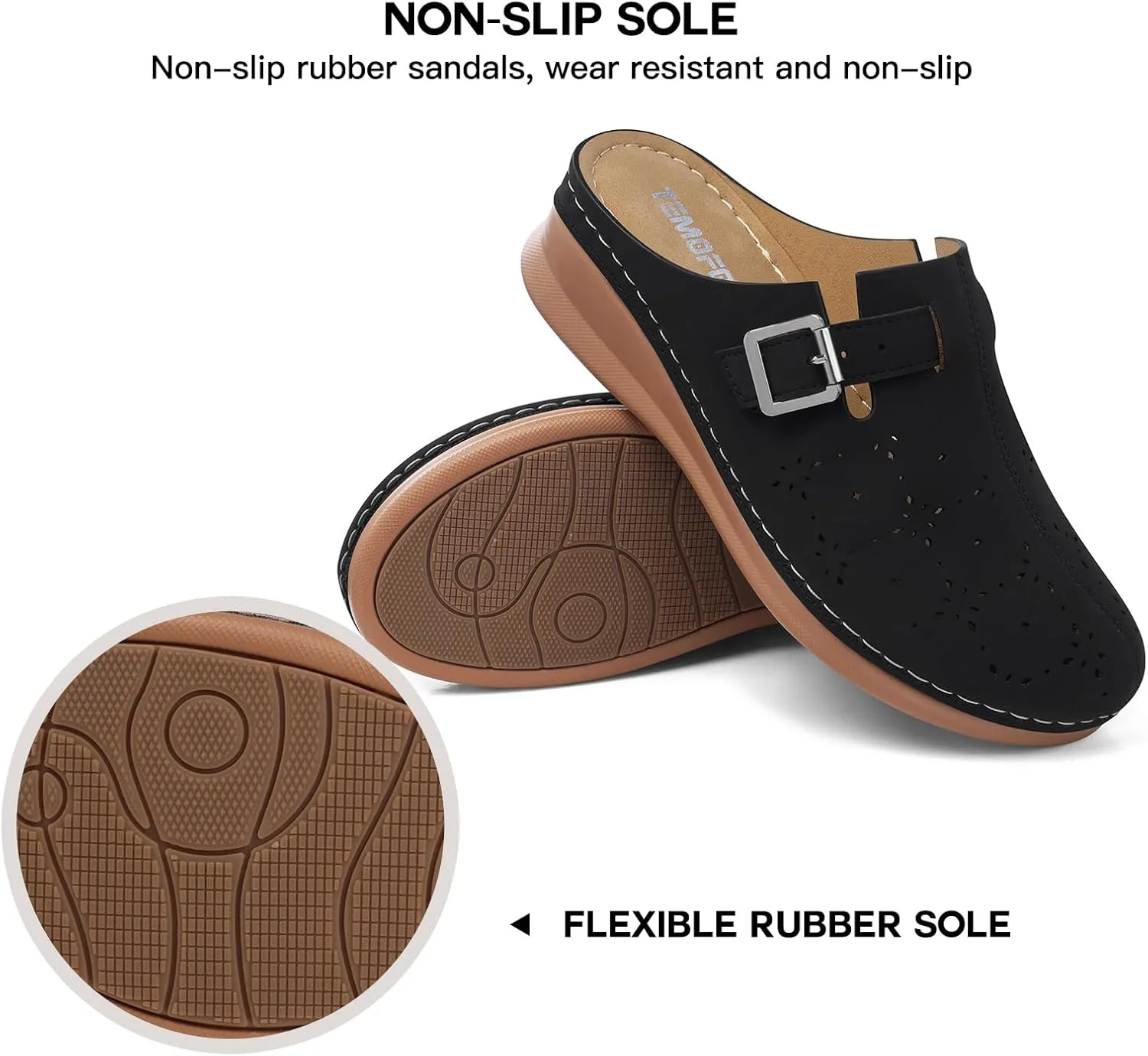 TEMOFON Mules for Women Slip on Sandals: Comfortable Clogs with Arch Support Leather Flats Closed Toe Sandals Shoes