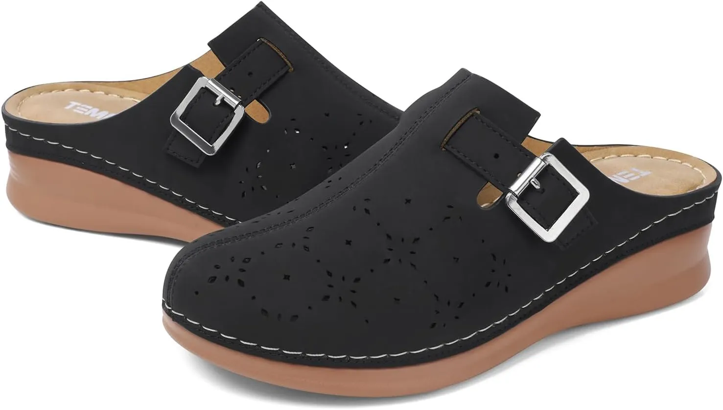 TEMOFON Mules for Women Slip on Sandals: Comfortable Clogs with Arch Support Leather Flats Closed Toe Sandals Shoes