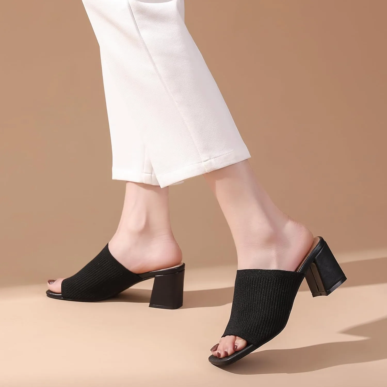 Tilocow Knit Heeled Sandals for Women Square Chunky Low Block Heel Mules Open Toe Slip On Breathable Slides Sandal Black