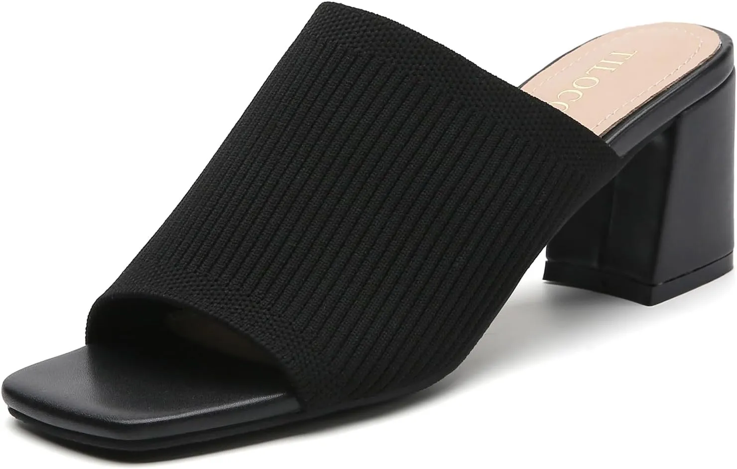 Tilocow Knit Heeled Sandals for Women Square Chunky Low Block Heel Mules Open Toe Slip On Breathable Slides Sandal Black