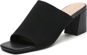 Tilocow Knit Heeled Sandals for Women Square Chunky Low Block Heel Mules Open Toe Slip On Breathable Slides Sandal Black