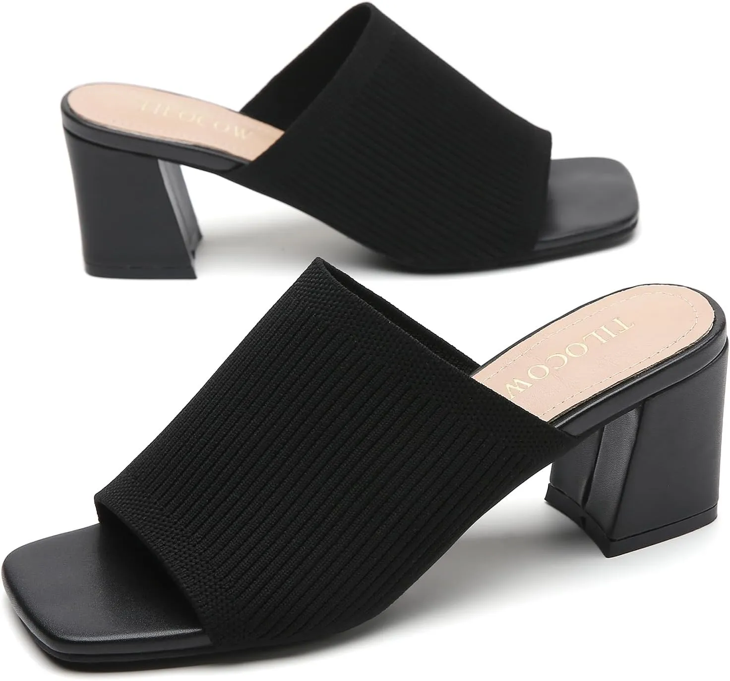 Tilocow Knit Heeled Sandals for Women Square Chunky Low Block Heel Mules Open Toe Slip On Breathable Slides Sandal Black