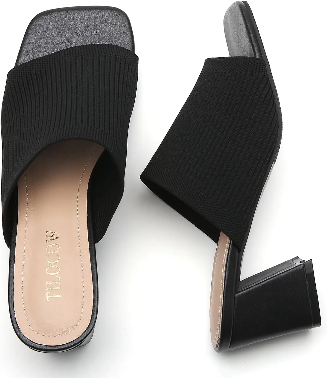 Tilocow Knit Heeled Sandals for Women Square Chunky Low Block Heel Mules Open Toe Slip On Breathable Slides Sandal Black