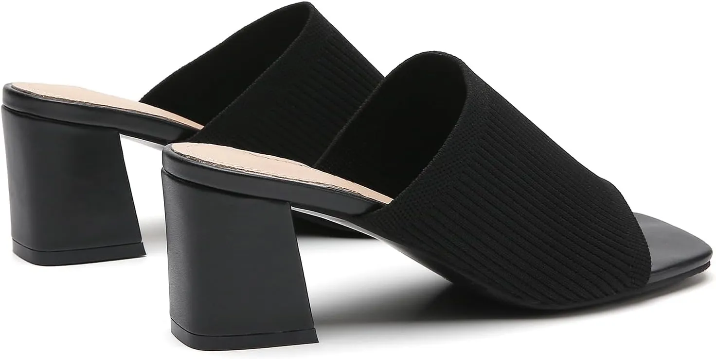Tilocow Knit Heeled Sandals for Women Square Chunky Low Block Heel Mules Open Toe Slip On Breathable Slides Sandal Black