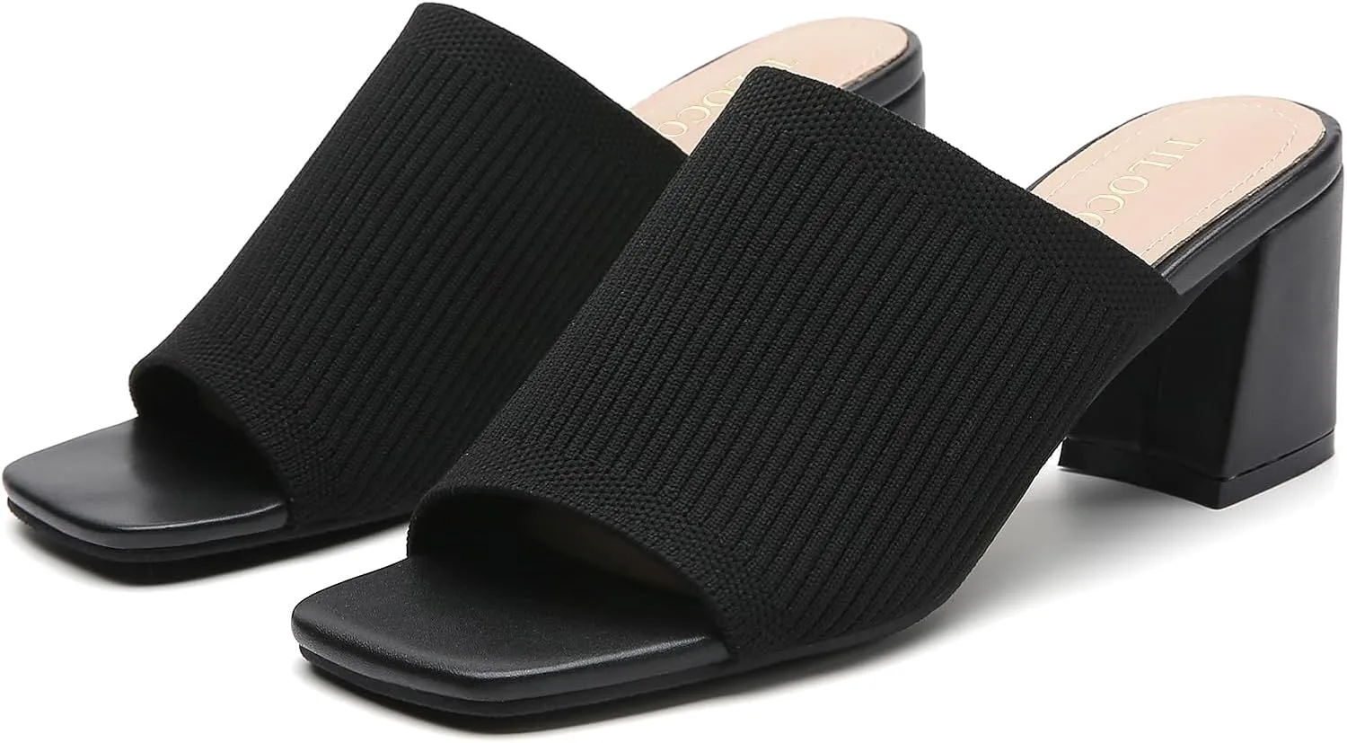 Tilocow Knit Heeled Sandals for Women Square Chunky Low Block Heel Mules Open Toe Slip On Breathable Slides Sandal Black