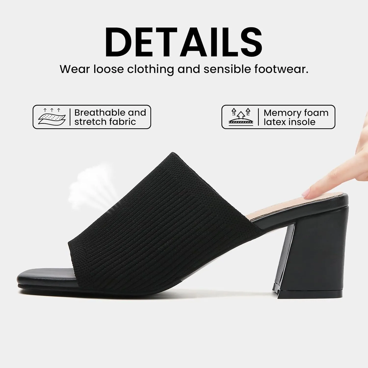 Tilocow Knit Heeled Sandals for Women Square Chunky Low Block Heel Mules Open Toe Slip On Breathable Slides Sandal Black