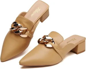 Tilocow Metal Chain Decor Mules Heels for Women Chunky Heeled Sandals Slip on Closed Toe Slides for Women Backless Mules