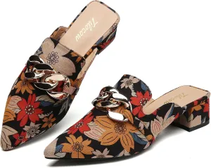 Tilocow Metal Chain Decor Mules Heels for Women Chunky Heeled Sandals Slip on Closed Toe Slides for Women Backless Mules