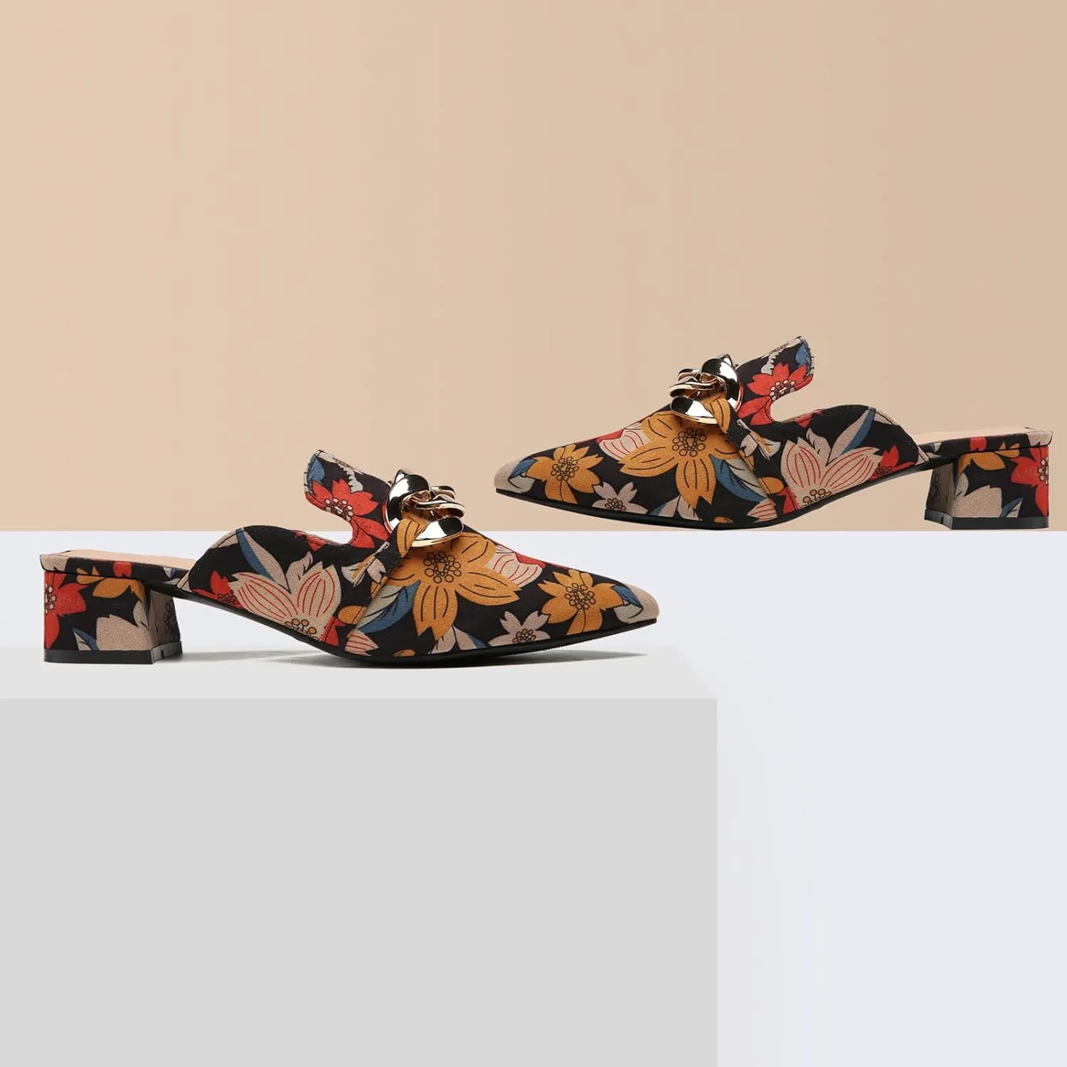 Tilocow Metal Chain Decor Mules Heels for Women Chunky Heeled Sandals Slip on Closed Toe Slides for Women Backless Mules