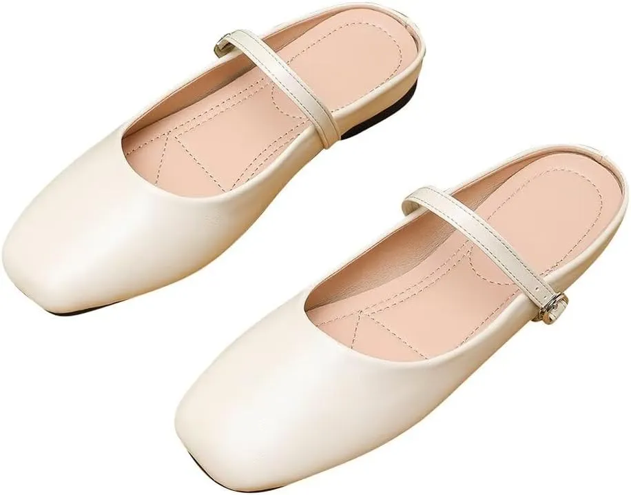 TN TANGNEST Women's Mary Jane Shoes Mules for Women Flats Retro One Line Strap Flats Cute Square Toe Backless Flat Mules