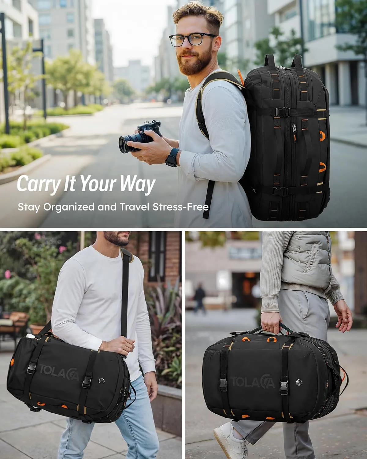 Tolaccea Travel Laptop Backpack, Large Carry on Backpack Flight Approved Convertible Duffle Luggage Bag Daypack Work Business Rucksack Fits 16" Laptop for Men Women 3 Carrying Ways, 40L-50L Expandable