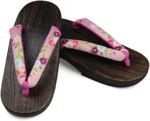 Traditional Clogs Geta Wooden Slippers Women's Japanese Sandals, Breathable Daily Sandals and Slippers Flat-heeled Clogs with Flower Art Matching Halloween Costumes