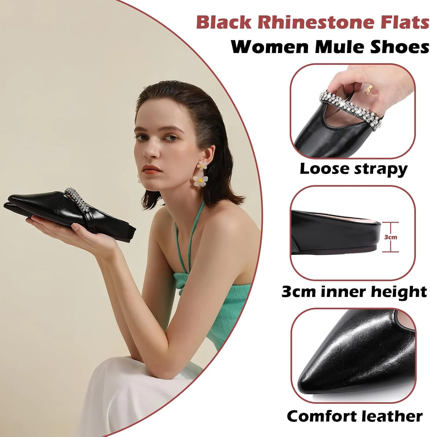 Trakxy Women's Buckle Pointed Toe Backless Mule Ballet Flats Inner Height Increase Comfortable Flat Dress Shoes Casual Work Parties Shopping