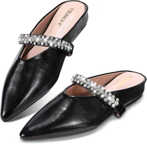 Trakxy Women's Buckle Pointed Toe Backless Mule Ballet Flats Inner Height Increase Comfortable Flat Dress Shoes Casual Work Parties Shopping