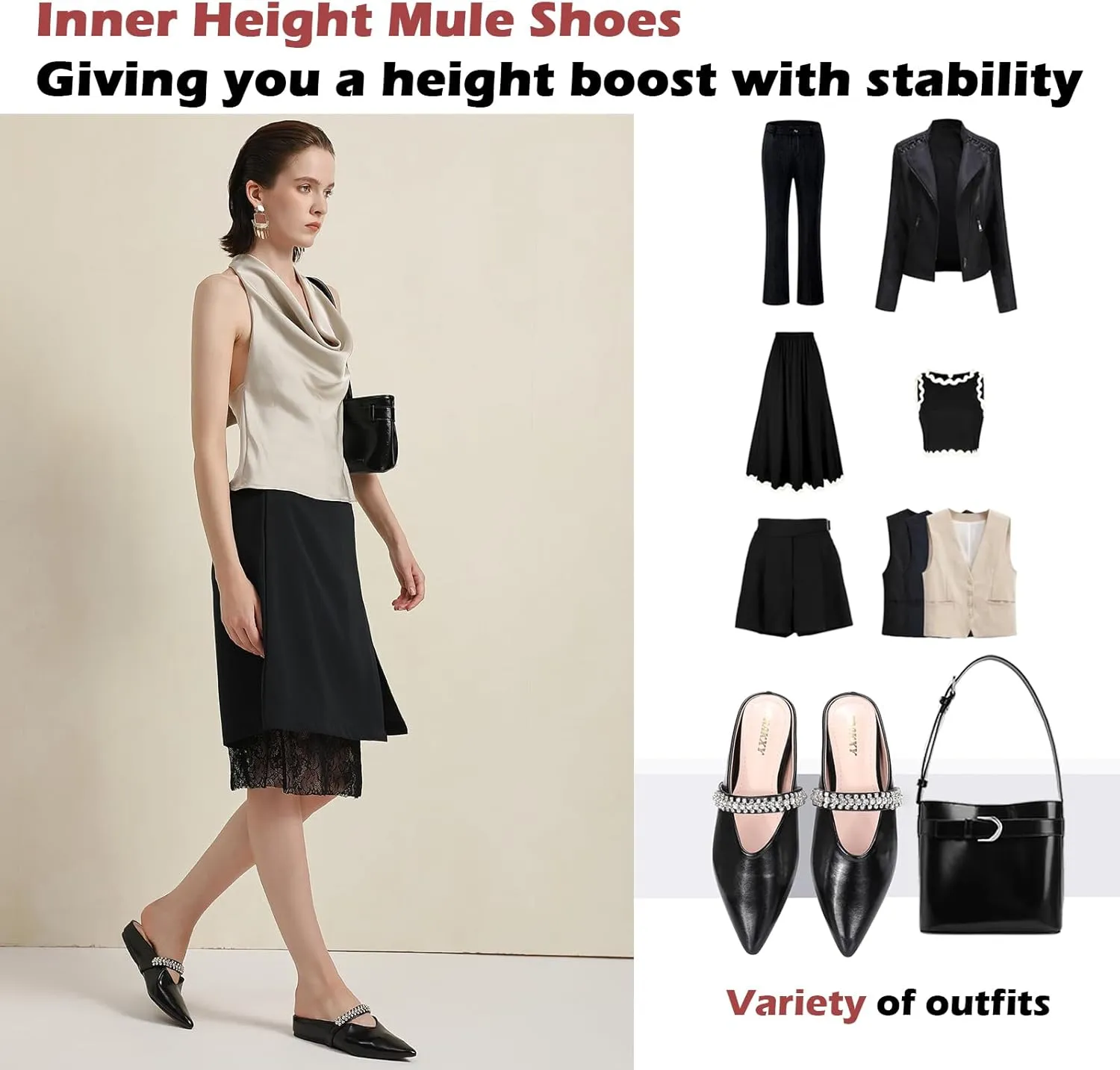 Trakxy Women's Buckle Pointed Toe Backless Mule Ballet Flats Inner Height Increase Comfortable Flat Dress Shoes Casual Work Parties Shopping