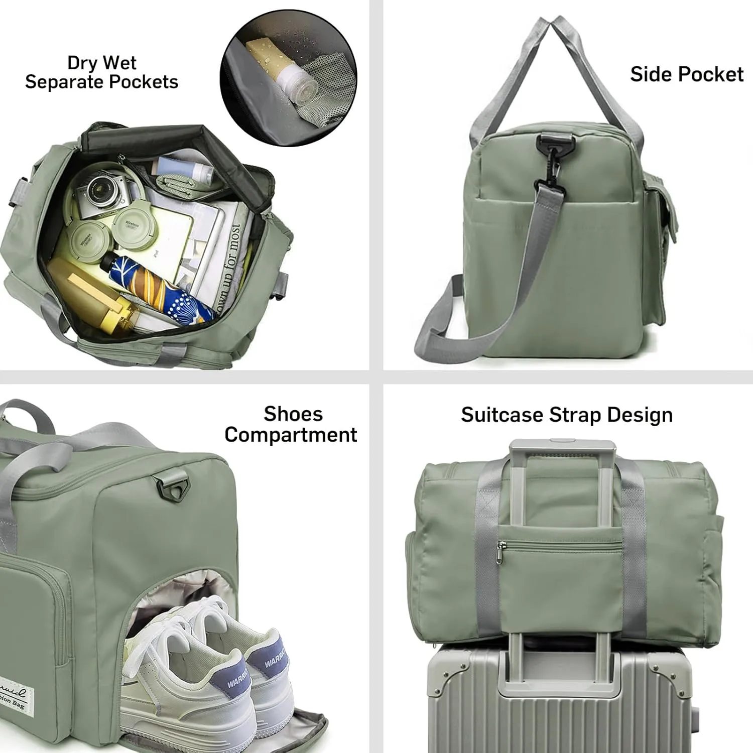 Travel Duffel Bag with Shoes Compartment Sports Gym Bag with Dry Wet Separated Pocket for Men and Women, Overnight Bag Weekender Bag Training Handbag Yoga Bag - Dark Green