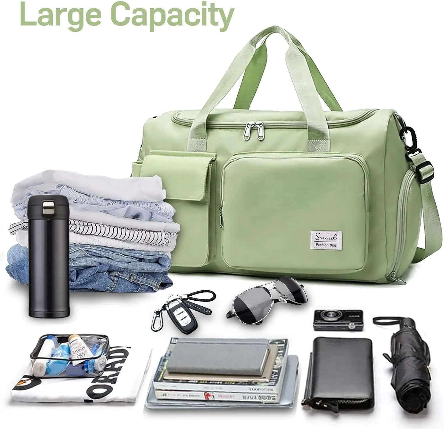 Travel Duffel Bag with Shoes Compartment Sports Gym Bag with Dry Wet Separated Pocket for Men and Women, Overnight Bag Weekender Bag Training Handbag Yoga Bag - Green